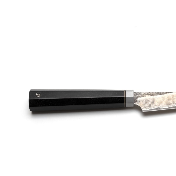 Маленький нож Береза Petty, L120 мм, рукоять - чёрный граб, больстер - латунь, титан