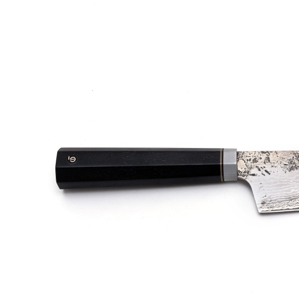Универсальный нож Береза Gyuto, L210 мм, рукоять - чёрный граб, больстер - латунь, титан